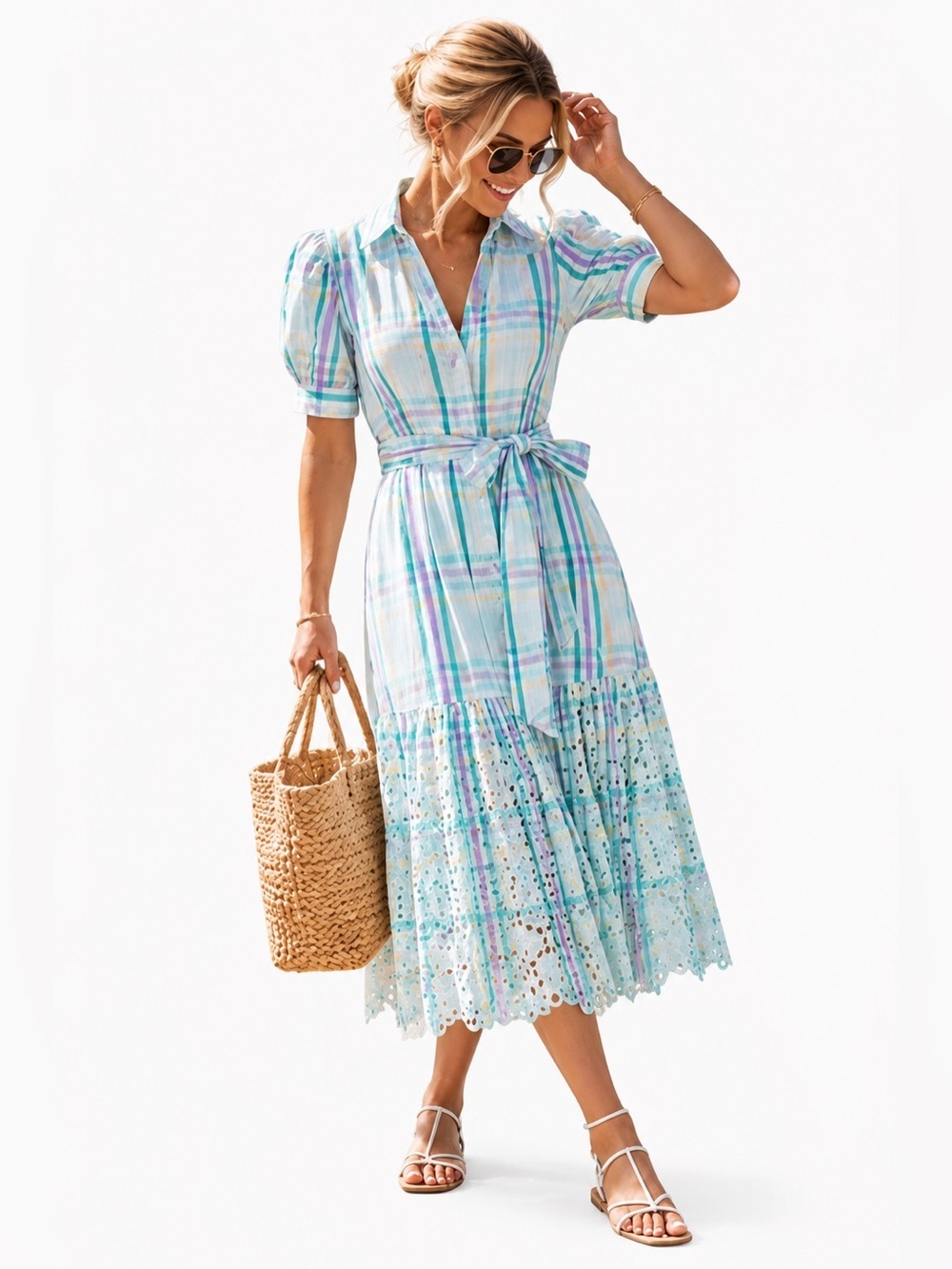 Tanya Taylor Pastel Plaid Eyelet Midi Dress Size 8